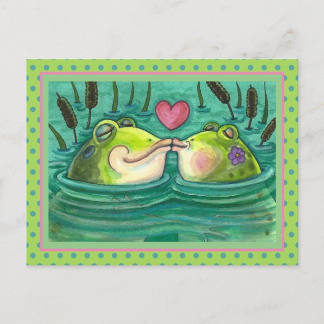 KISSING FROGS COLORFUL & CUTE POND ROMANTIK, FUNNY VYKORT (Framsida)