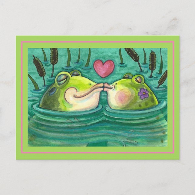 KISSING FROGS COLORFUL & CUTE POND ROMANTIK, FUNNY VYKORT (Framsida)