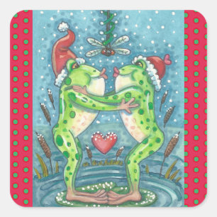 KISSING FROGS, DRAGONFLY MISTLETOE HELGDAG STICKER FYRKANTIGT KLISTERMÄRKE