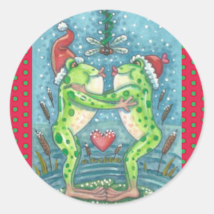 KISSING FROGS, DRAGONFLY MISTLETOE HELGDAG STICKER RUNT KLISTERMÄRKE