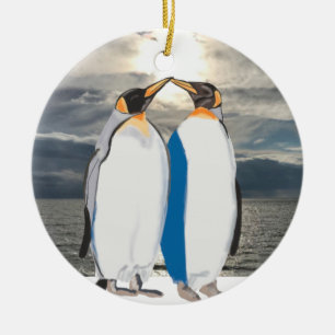 Kissing Kung Penguin Pair in Artic Julgransprydnad Keramik