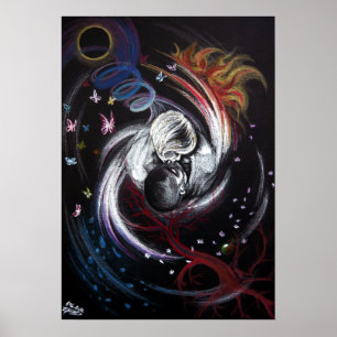 Kissing-paret Yin Yang Kärlek Surreal teckning art Poster