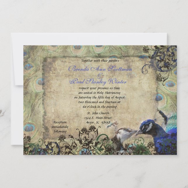 Kissing Peacock Vintage bröllop inbjudan (Framsida)