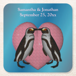 Kissing Penguins Cute Personlig Bröllop Underlägg Papper Kvadrat