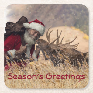 Kissing Santa and Moose Papper Underlägg Kvadrat