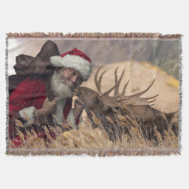 Kissing Santa and Moose Throw Blanket Filt