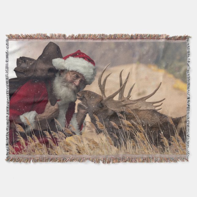 Kissing Santa and Moose Throw Blanket Filt (Framsidan)