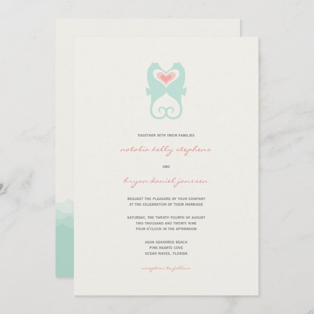 Kissing Seahästar Kärlek Hearts Beach Bröllop Inbjudningar (Fram/baksida)