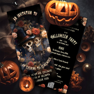 Kissing Skeletons Gothic Vintage QR Code Halloween Inbjudningar