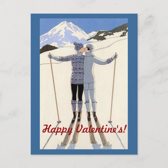 Kissing skiers par - Lycklig Valentine's Helg Vykort (Framsida)