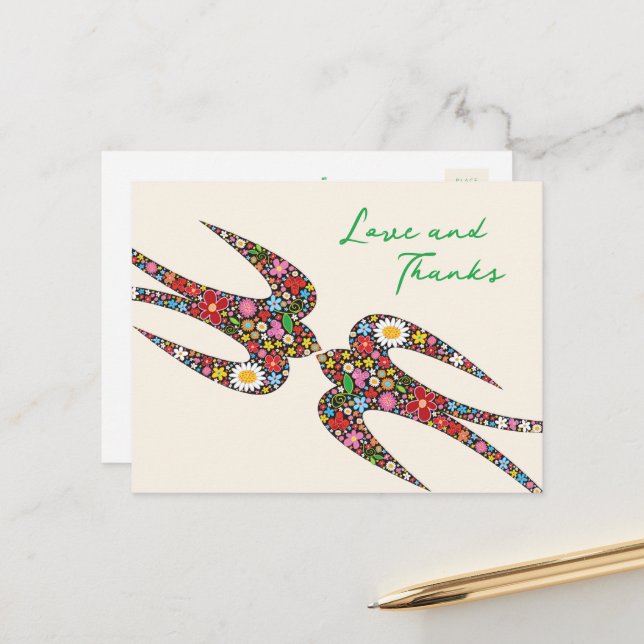 Kissing Sväljer Vår blommor Bröllop Tack Vykort (Fram/Back In Situ)