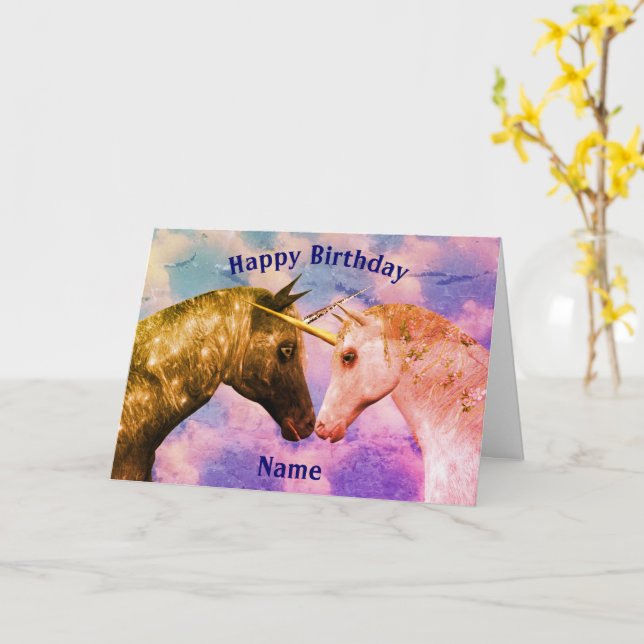 Kissing Unicorns Fantasy Personlig Birthday Kort (Gul blomma)