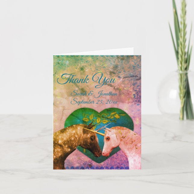 Kissing Unicorns Heart Bröllop Personlig Tack Kort (Framsida)