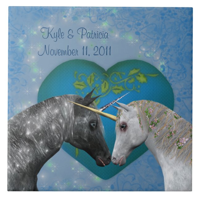 Kissing Unicorns Heart Cute Personlig Bröllop Kakelplatta (Framsidan)