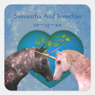 Kissing Unicorns Heart Personlig Bröllop Fyrkantigt Klistermärke