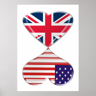 Kissing USA och UK Hearts Flaggor Art Poster