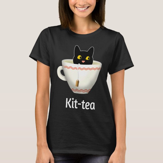 Kit Tea  Cat  , Cute Black Cat Kitty in Kittea T Shirt (Framsida)
