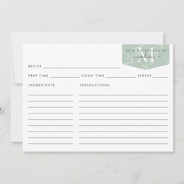 Kitchen Monogram Script Teal Blommigt Foliage Reci (Framsida)