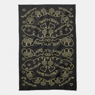 Kitchen Towel "Hanukkah Guld Hearts/Dreidels" Kökshandduk