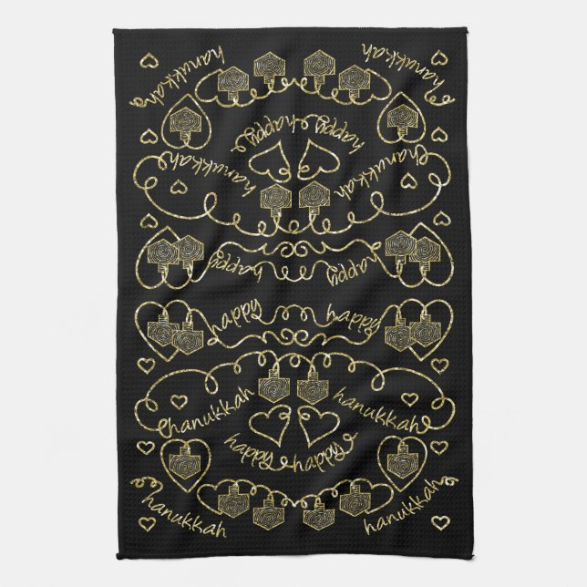 Kitchen Towel "Hanukkah Guld Hearts/Dreidels" Kökshandduk (Vertikal)