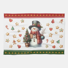 Kitchen Towel Snowman and Christmas Cookies Red Kökshandduk