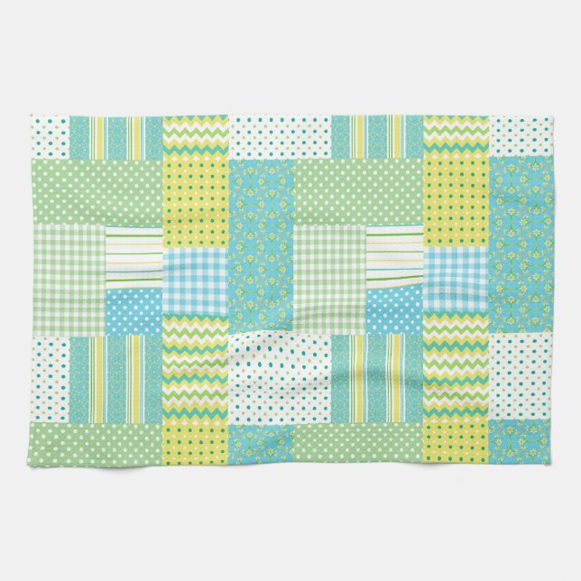 Kitchen Towel Tea Towel: Daffodils, Faux-Patchwork Kökshandduk (Horisontell)