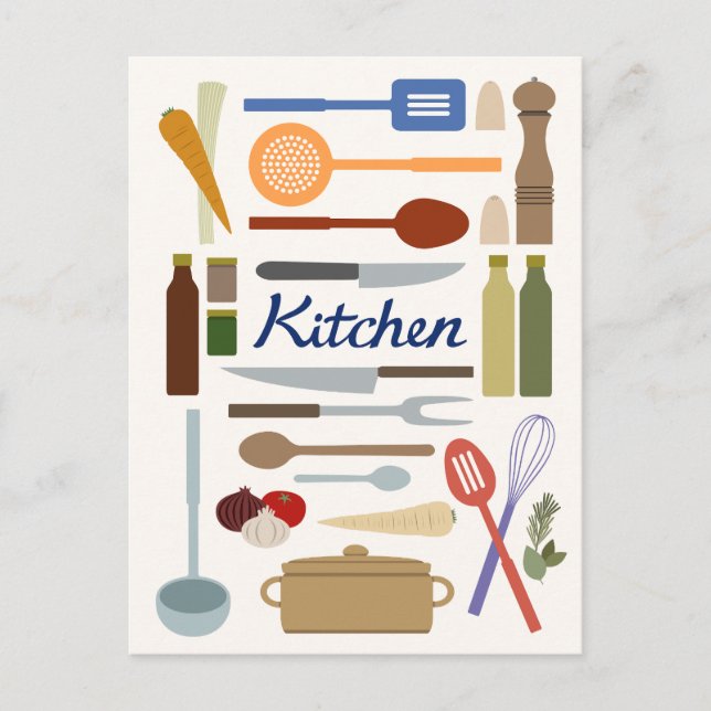 Kitchenware Illustration+Type Design Färg Vykort (Framsida)