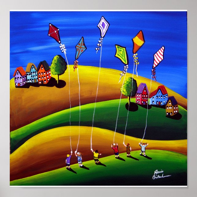 Kite Flyers Folk Art Whimsical Kanvastryck Poster (Framsidan)