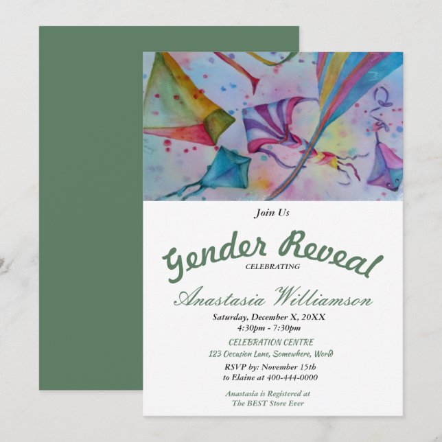 KITE FLYING BABY GENDER REVEY PARTY INBJUDANDE INBJUDNINGAR (Fram/baksida)