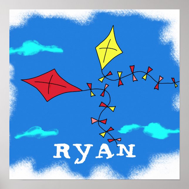 Kite Gult Red Himlar Cloud Teckning Kid`s Namn Poster (Framsidan)