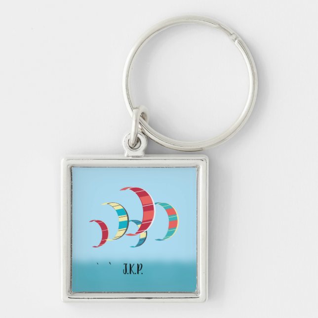 Kite Surfing Fyrkantig Silverfärgad Nyckelring (Framsidan)