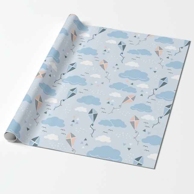 Kite Wrapping Papper - Playful Kites and Clouds Presentpapper (Utrullad)