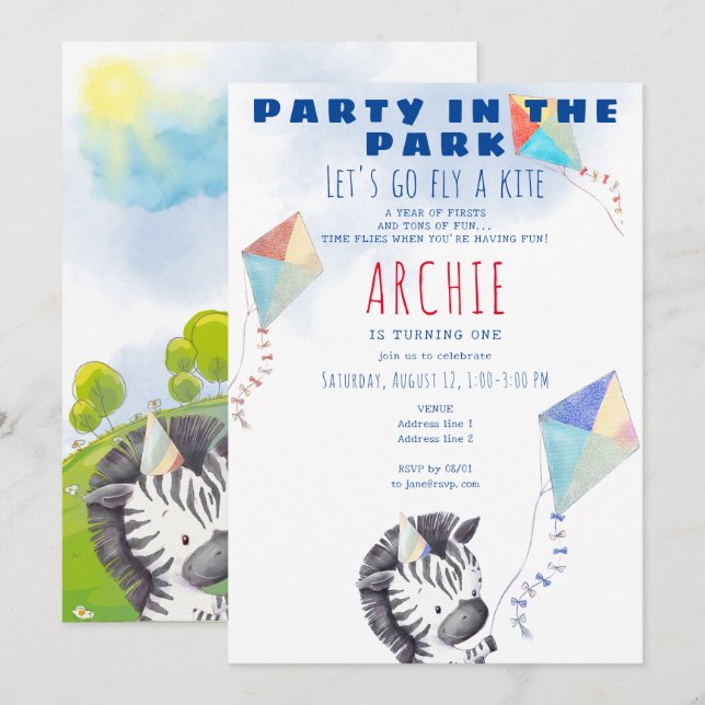 Kite Zebra any Age Småbarn Picnic Födelsedagsfest Inbjudningar (Fram/baksida)