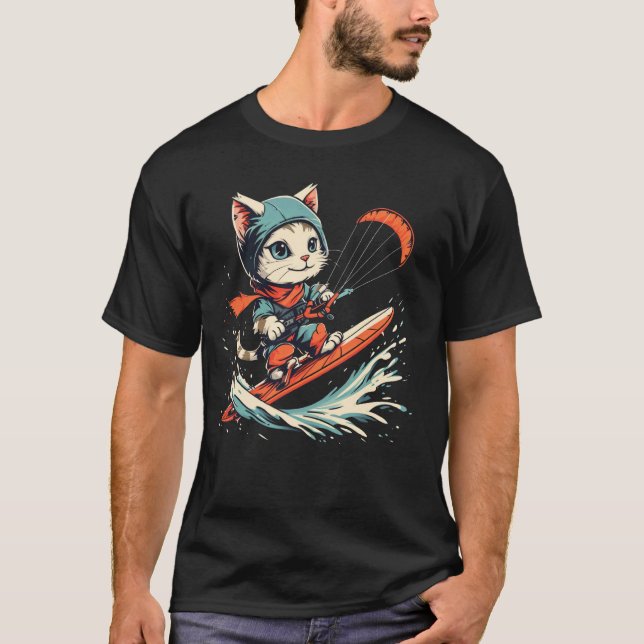 Kiteboardande katt på kiteboarding t shirt (Framsida)