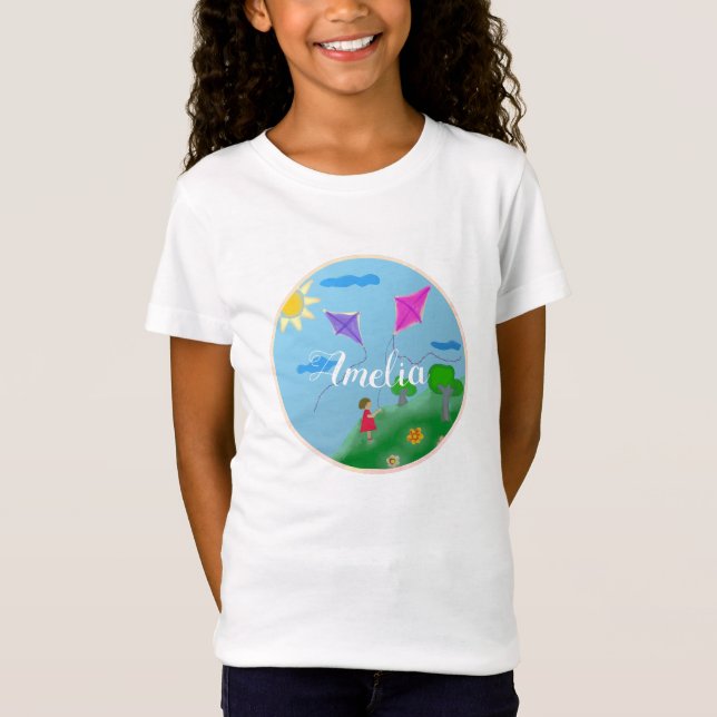 Kites and Girl Drawing Kid's Name T Shirt (Framsida)