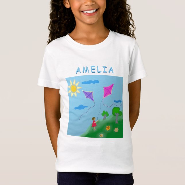 Kites Grass Flower Girl Sol Teckning T Shirt (Framsida)