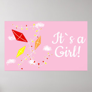 Kites i Himmel Rosa Det är en flicka Babydusch Poster