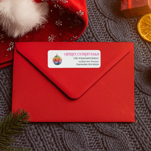 Kitsch jul Disco Boll | Retro Helgdag-etikett Returadress Etikett (Skapare uppladdad)