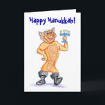 Kitschy lyckligt kort för Hanukkah tecknadkatt<br><div class="desc">Perfekt för faktiska ungar eller kitschy hipstervänner. Denna hand plockade och räcka-färgat konstverk av en kattungemarsch runt om att fira Hanukkah i hans stora svart, kängor är unika och säkra att vara ett slått. Startar hur många, och yamaka-ha på sig och menora-att bära kattHanukkah kort ut finns det? Customizeable text...</div>
