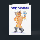 Kitschy lyckligt kort för Hanukkah tecknadkatt<br><div class="desc">Perfekt för faktiska ungar eller kitschy hipstervänner. Denna hand plockade och räcka-färgat konstverk av en kattungemarsch runt om att fira Hanukkah i hans stora svart, kängor är unika och säkra att vara ett slått. Startar hur många, och yamaka-ha på sig och menora-att bära kattHanukkah kort ut finns det? Customizeable text...</div>