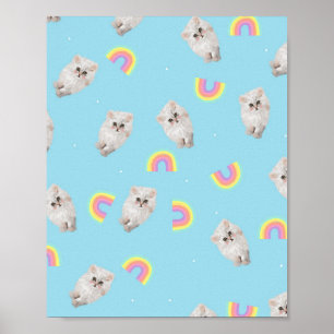 Kitschy Pastel Aesthetic Cat Kitten Rainbows Blue Poster