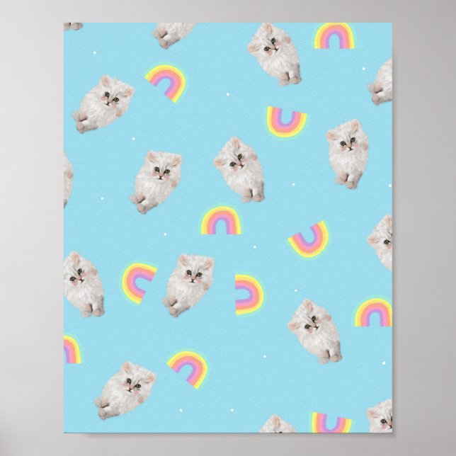 Kitschy Pastel Aesthetic Cat Kitten Rainbows Blue Poster (Framsidan)