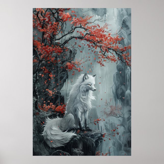 Kitsune-anande – Japansk räv i blommande skog Poster (Framsidan)