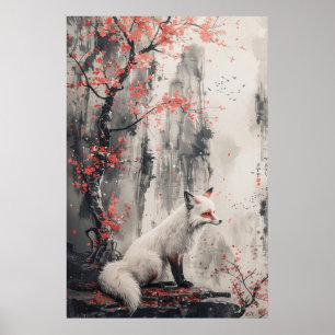 Kitsune-anande – Japansk räv i blommande skog Poster