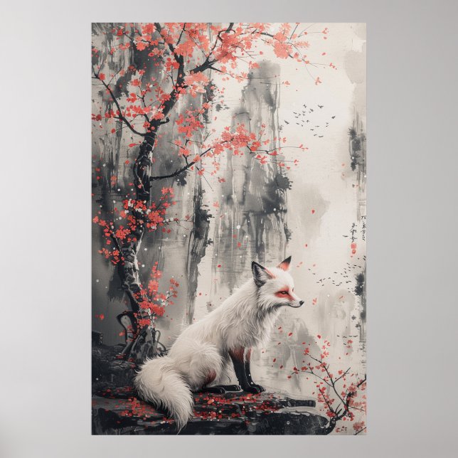 Kitsune-anande – Japansk räv i blommande skog Poster (Framsidan)
