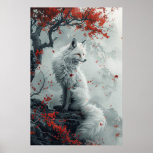 Kitsune-anande – Japansk räv i blomster skog Poster
