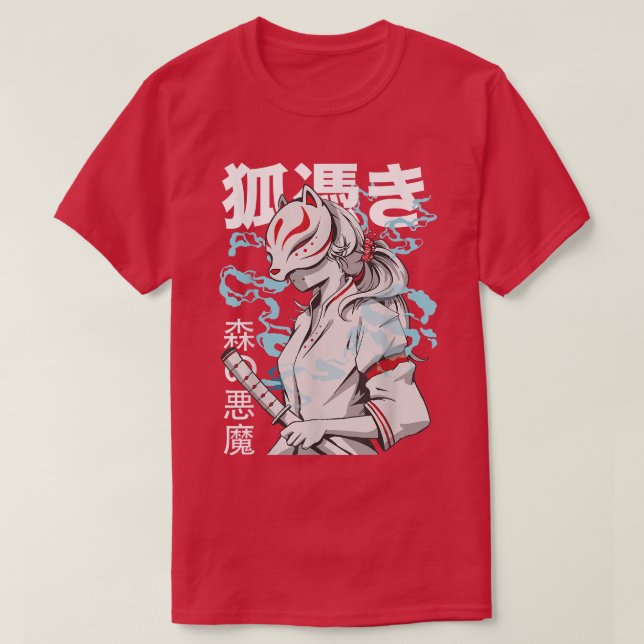 Kitsune Anime Fox Samurai japanska T Shirt (Design framsida)