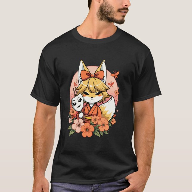 Kitsune-besvärjelse med mask och blommor t shirt (Framsida)