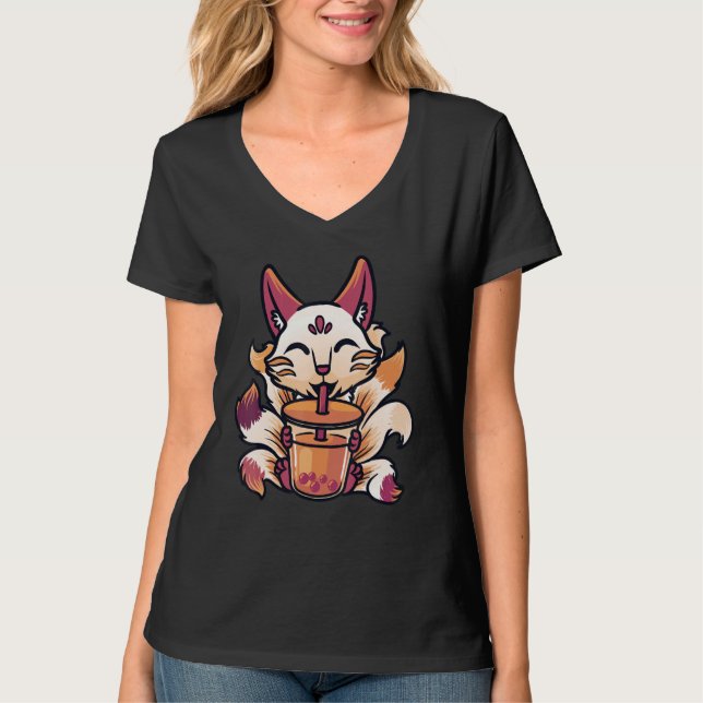 Kitsune Boba Japansk ubble Tea Cute Fox T Shirt (Framsida)