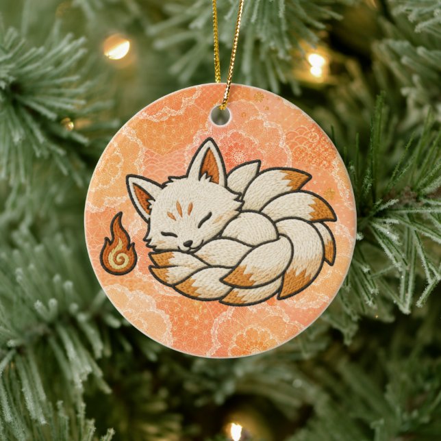 Kitsune Ceramic Ornament | Japanese Nine Tailed Fo (Träd)
